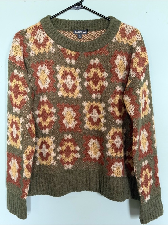 Toad&Co Sweaters - Toad&Co Olive Geometric Knit Crewneck Sweater with Rust, Mustard & Cream Accents